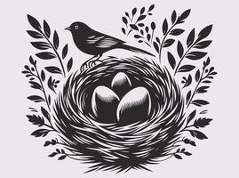 Wildlife-Inspired Black Bird with Nest and Eggs Silhouette for Decorative Projects vector