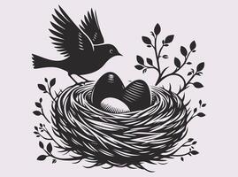 Nature-Themed Solid Black Bird with Nest and Eggs Silhouette for Unique Designs vector