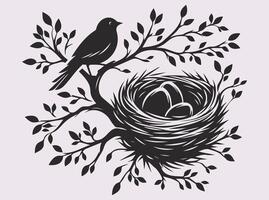 Peaceful and Serene Black Bird with Nest and Eggs Silhouette for Nature Lovers vector