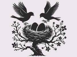 High-Quality Solid Black Bird with Nest and Eggs Silhouette for Creative Designs vector