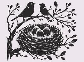 Japanese-Inspired Black Bird with Nest and Eggs Silhouette for Aesthetic Use vector