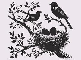 Unique Black Silhouette of a Bird with Nest and Eggs for Artwork and Prints vector