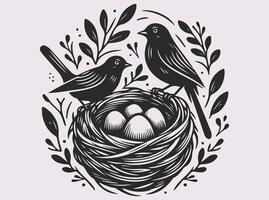 Timeless Solid Black Bird with Nest and Eggs Silhouette for Decorative Ideas vector