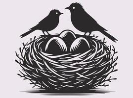 Stunning Solid Black Bird with Nest and Eggs Silhouette for Elegant Creations vector
