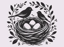 Minimalist Solid Black Bird with Nest and Eggs Silhouette for Art and Decor vector