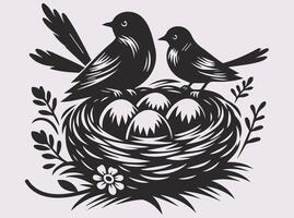 Classic Solid Black Bird with Nest and Eggs Silhouette for Logos and Crafts vector