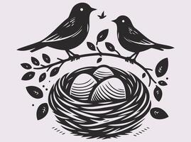 Beautiful Black Silhouette of a Bird with Nest and Eggs for Creative Projects vector