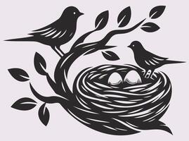 Elegant Solid Black Color Bird with Nest and Eggs Silhouette for Artistic and Decorative Use vector