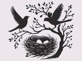 Simple and Stylish Solid Black Bird with Nest and Eggs Silhouette for Design and Art vector