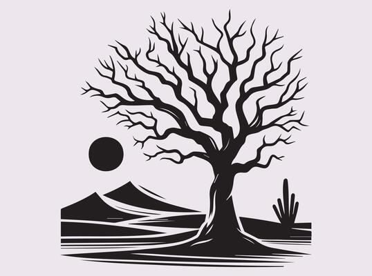 Classic Dead Tree Desert Silhouette in Solid Black for Crafts