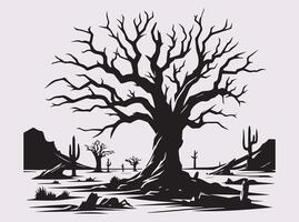 Black Silhouette of a Dead Tree in Desert for Aesthetic Designs vector