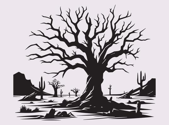 Black Silhouette of a Dead Tree in Desert for Aesthetic Designs