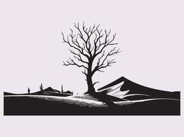 Minimalist Dead Tree Desert Silhouette in Solid Black Color vector