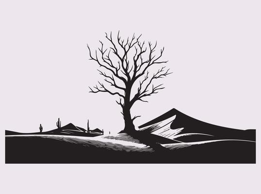 Minimalist Dead Tree Desert Silhouette in Solid Black Color