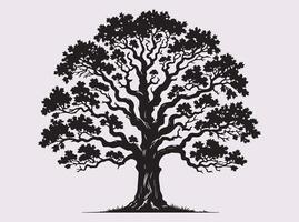 Classic Oak Tree Silhouette in Solid Black Color with Detailed Foliage and Branches vector