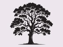 Solid Black Oak Tree Silhouette with Detailed Branches and Trunk for Artistic Use vector