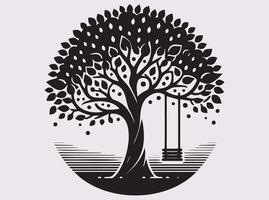 Black Tree with Swing Silhouette for Posters, Wall Art, and Custom Decor vector