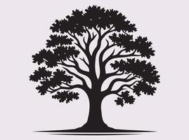 Elegant Oak Tree Silhouette with Branches and Leaves in Solid Black Color vector
