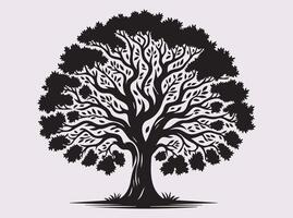 Solid Black Color Oak Tree Silhouette Illustration with Detailed Branches and Leaves vector