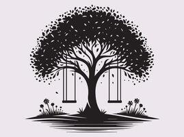 Aesthetic Black Tree with Swing Silhouette for Creative Projects and Art vector