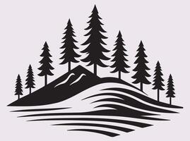 Scenic Black Pine Tree and Mountain Landscape Silhouette for Creative Projects vector