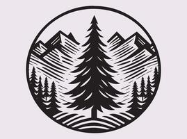 Solid Black Pine Tree with Mountain Landscape Silhouette for Creative Use vector