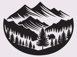 Bold Black Pine Tree with Mountain Environment Silhouette for Graphic Art vector