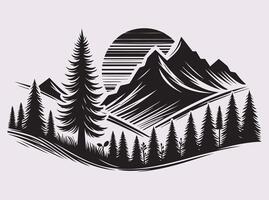 Minimal Black Pine Tree with Mountain Environment Silhouette for Digital Art vector