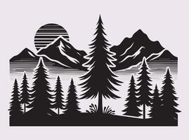 Solid Black Pine Tree with Mountain Environment Silhouette for Custom Prints vector