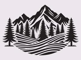 Black Silhouette of Pine Tree and Mountain Environment for Unique Art Designs vector