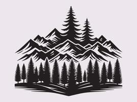 Minimal Black Pine Tree with Mountain Silhouette for Nature Inspired Design vector