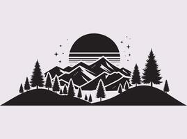 Simple Black Pine Tree with Mountain Environment Silhouette for Creative Use vector