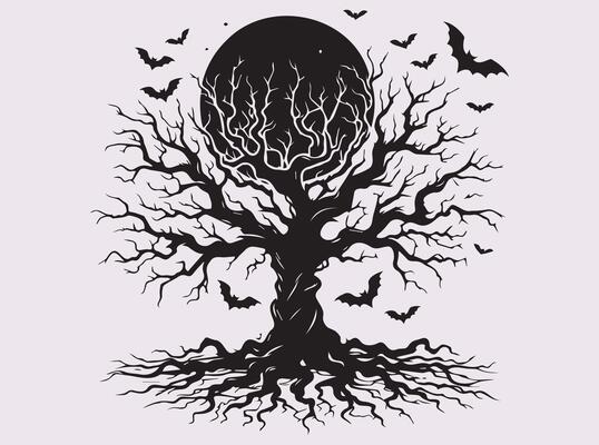 Solid Black Spooky Bare Tree Silhouette for Dark Halloween Decor