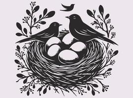 Striking Black Bird with Nest and Eggs Silhouette for Nature-Inspired Creations vector