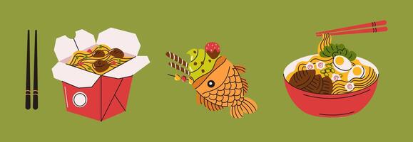 Illustration of a delicious trio featuring ramen, a fish-shaped taiyaki dessert, and a takeout noodle box, arranged in a colorful modern style. vector