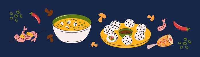 Illustration of a flavorful bowl of spicy miso soup paired with sesame-covered rice balls, surrounded by fresh ingredients, drawn in a colorful modern style. vector