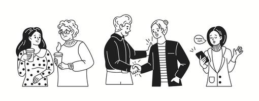 Office workers engage in communication linear icons collection. People talk and send messages during break doodle characters set on white vector