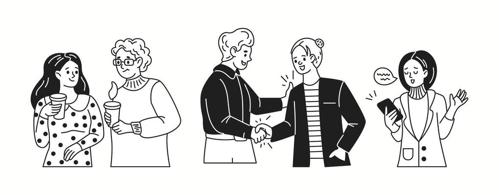 Office workers engage in communication linear icons collection. People talk and send messages during break doodle characters set on white