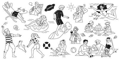 Minimalistic black and white doodle illustration of summer vacation at the beach, featuring people surfing, relaxing, and playing in a playful and cheerful style. vector