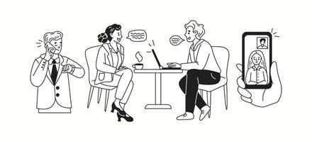 Doodle characters reflect ways of communication talking linear icons collection. Office workers solve work tasks via phones doodle characters set on white vector