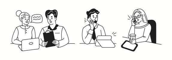 Office employees in workplaces linear icons collection. Using laptop tablet and smartphone in business environment doodle characters set on white vector