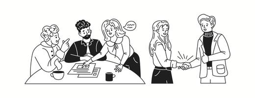 Business team discussing project linear icons collection. Office workers greet handshaking solving work tasks doodle characters set on white background vector