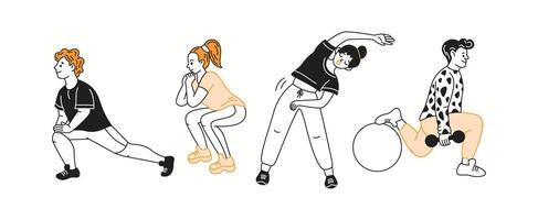 Group of people performing exercises color linear icons collection. Women and men enjoy fitness in gym doodle characters on white background vector