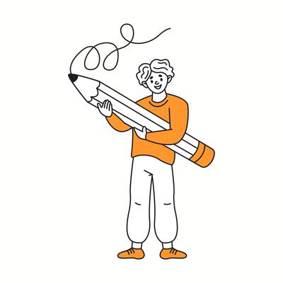 Creative man artist grips large pencil orange color linear icon. Young male prepares to draw or write characters doodle line illustration