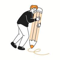 Designer sketches intricate pattern using giant pencil color linear icon. Man smiles joyfully working on new project characters doodle illustration vector