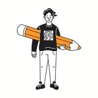 Designer holds enormous orange pencil color linear icon. Man shows dedication to bringing creative ideas to life characters doodle illustration vector