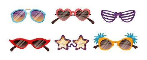 Collection of trendy sunglasses in different shapes, colors, and styles. A diverse set of eyewear featuring classic, modern, and novelty designs. vector