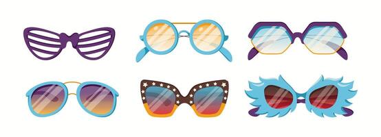 A vibrant selection of sunglasses with bold, colorful frames in different shapes and styles. A creative mix of trendy and unique eyewear designs. vector