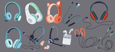 Headphones of different types flat color icon set. Colorful earphones assortment for listening audio objects pack on grey background vector