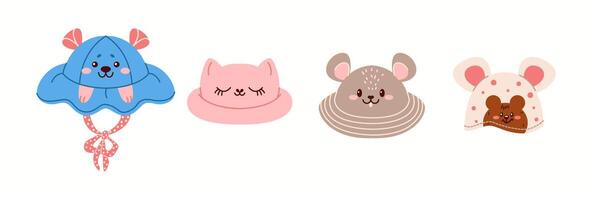 Illustration featuring four whimsical bucket hats with fantasy designs, including a monster, tiger, turtle, and cherry patterns. vector